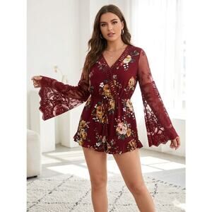 Flying Tomato Wine Red Floral Romper with Lace Bell Sleeves V-Neckline Size M
